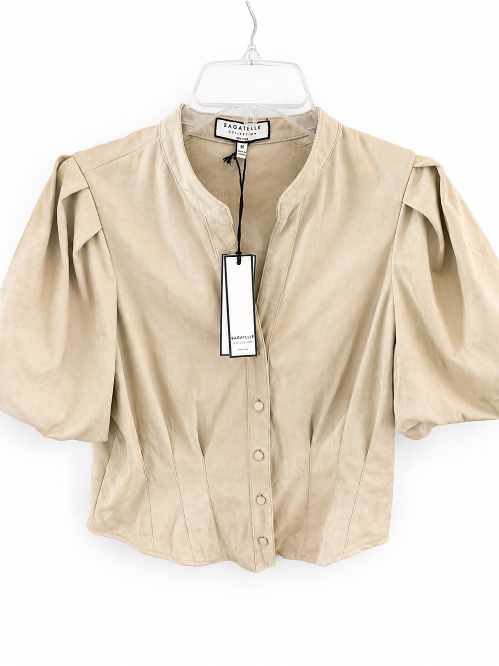 Bagatelle Faux-Ever Leather Puff Sleeve Top Cream NWT M